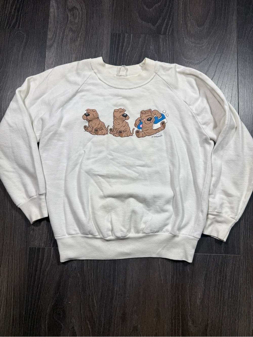 Vintage Jim Benton White Crewneck with Playful Puppy Graphic